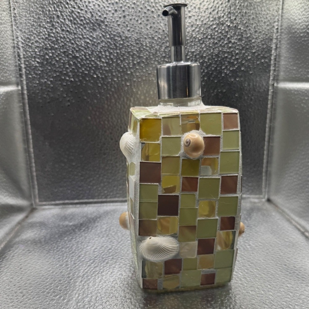 Mosaic‎ Glass Soap Dispenser Seashell Coastal Beach Decor Green Amber Brown Tile